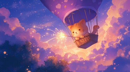A charming illustration depicts a ginger cat soaring through the skies in a vibrant purple hot air balloon clutching a sparkler in its paws a delightful scene perfect for children s birthday