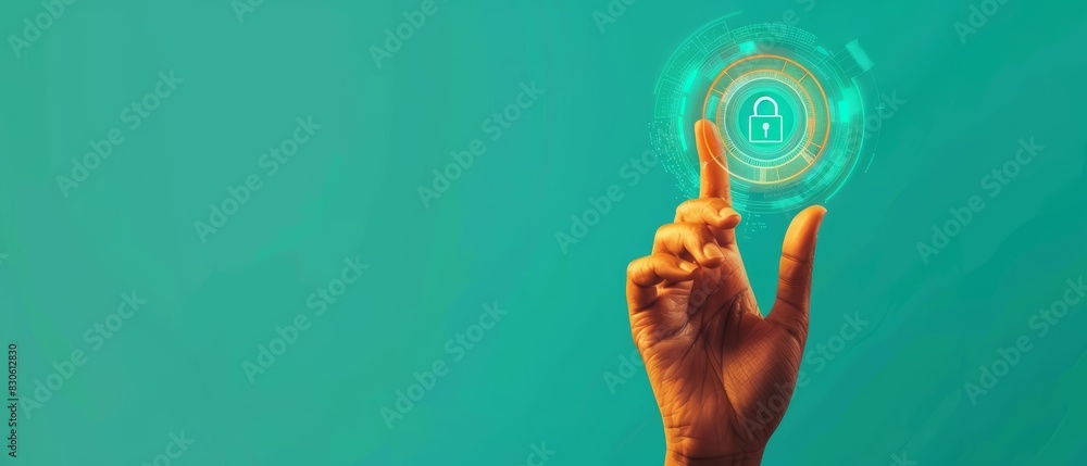 Poster a human hand holding a decryption icon with a solid color backdrop and copy space