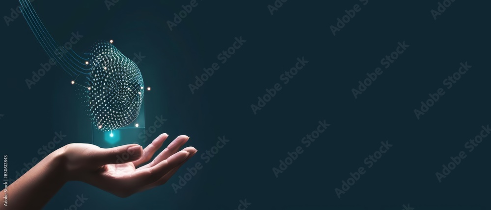 Poster a human hand holding a decryption icon with a solid color backdrop and copy space