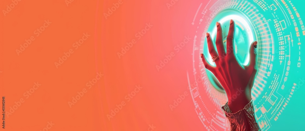 Poster a human hand holding a decryption icon with a solid color backdrop and copy space