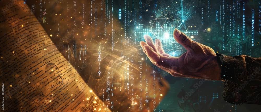 Poster a human hand holding a decryption icon with a solid color backdrop and copy space