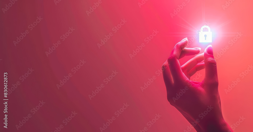 Poster a human hand holding a decryption icon with a solid color backdrop and copy space