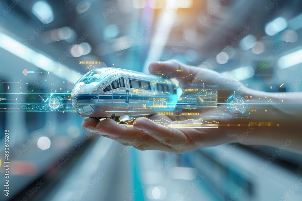 Poster a human hand holding a model hyperloop train with a solid color backdrop and copy space