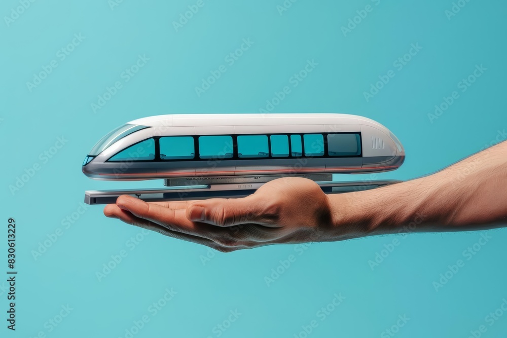 Poster a human hand holding a model hyperloop train with a solid color backdrop and copy space