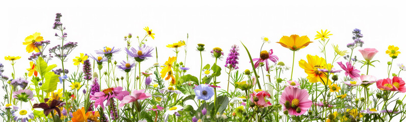 Beautiful flowers banner panorama  with  spring and summer  flowers, cut out, isolated on white background