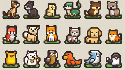 Fototapeta premium A collection of pixel art animal icons, featuring dogs, cats, birds, and fish. , pixel art, set of icons, game assets