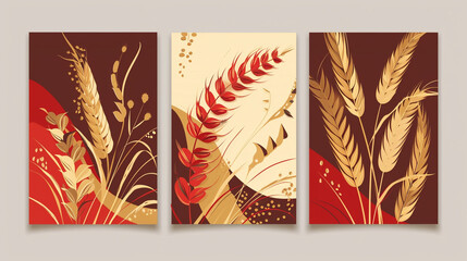 Three-piece vector illustration set in abstract rustic red, wheat gold, and harvest brown,