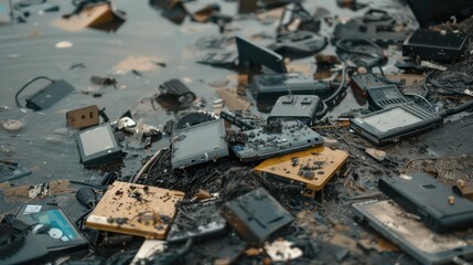 Environmental Impact of E-Waste: Capture the environmental consequences of improper e-waste disposal, such as electronic devices leaching toxic chemicals into soil and waterways at illegal dumping.