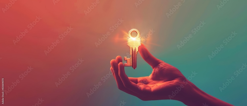 Poster a human hand holding an encryption key symbol with a solid color backdrop and copy space