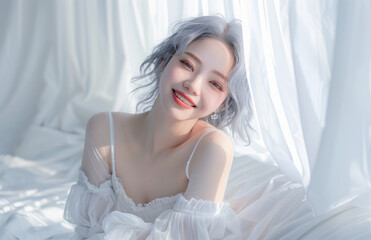 Beautiful Korean women with grey hair, smiling and posing on the bed in a white dress against a white curtain background