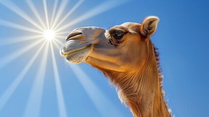 A camel smiling against the blue sky with sun rays, closeup portrait.