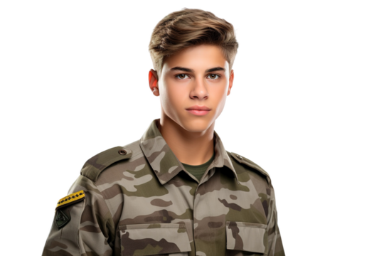 Solemn Warrior: A Young Man in Military Uniform Strike a Heroic Pose on White or PNG Transparent Background.