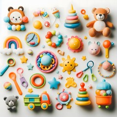 Obraz premium AI Generate of A Kid Toys, Baby Toys, Toddler Toys, Toys with white area for copy text in the middle. Top View. Flat Lay. White Background.