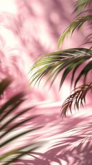 Minimal Palm Leaf Shadow Patterns on Soft Pink Wall - Elegant Summertime or Springtime Product Display Background