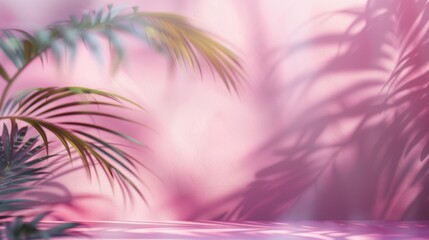 Minimal Palm Leaf Shadow Patterns on Soft Pink Wall - Elegant Summertime or Springtime Product Display Background