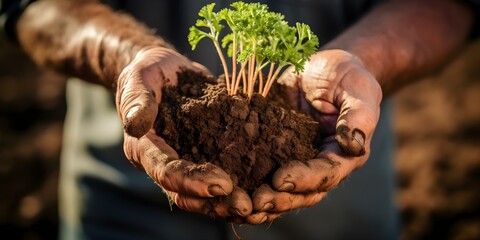 Closeup of weathered farmers hands holding soil symbolizing impact of carbon emissions in agriculture and potential changes with carbon pricing. Concept Climate Change, Agriculture, Carbon Emissions
