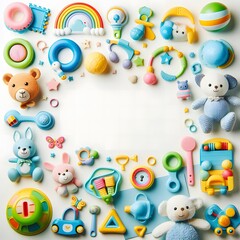 AI Generate of A Kid Toys, Baby Toys, Toddler Toys, Toys with white area for copy text in the middle. Top View. Flat Lay. White Background.
