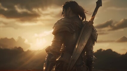 A warrior in armor stands at sunset, embodying strength and tranquility