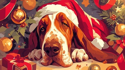 A festive Christmas greeting card featuring an adorable Basset Hound donning a cheery red Santa hat and bow tie