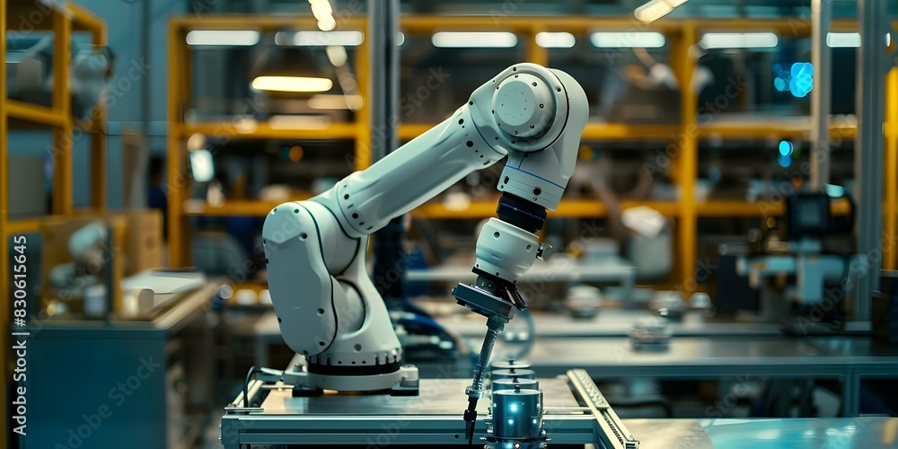 Poster a smart industrial robot arm in a digital factory demonstrates industry 40 automation using iot soft