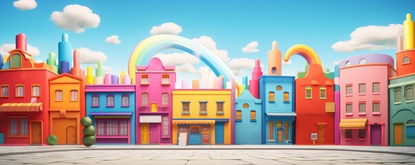 A vibrant 3D plasticine illustration of a charming village square with colorful, whimsical, rainbow buildings and a clear blue sky.