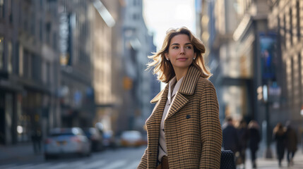Fototapeta premium Professional Businesswoman in Stylish Coat Walking on City Street, Radiating Confidence and Warmth