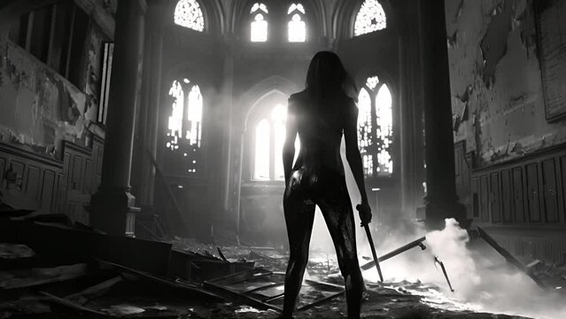 A person stood in a dilapidated church holding a sharp weapon. The scene evokes a sense of sorrow and purpose