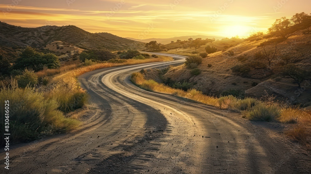 Poster the path less traveled: capture an image of a winding road disappearing into the distance, symbolizi