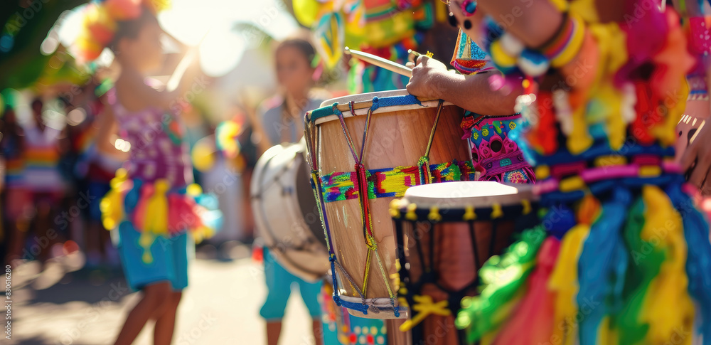 Wall mural close up of children's hands playing drum in the parade, wearing colorful costumes at carnival party