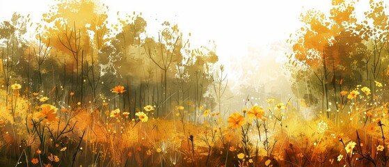 A water color of a marigold, with golden blooms, in a sundrenched field, at the edge of a mysterious forest, Clipart isolated on white