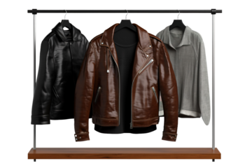 Elegantly Adorned Trio: Three Leather Jackets Suspended in Air on White or PNG Transparent Background.