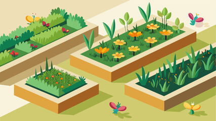 Small garden plots line the edges of the pads featuring native plants that attract pollinators and support local ecosystems.. Vector illustration