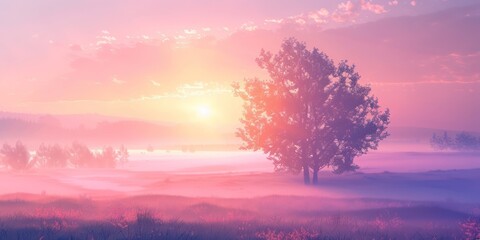 Fototapeta premium Hopeful Sunrise: Paint a landscape illuminated by the soft glow of dawn, with pastel hues, gentle gradients, and a sense of renewal, inspiring feelings of optimism, hope, and new beginnings.