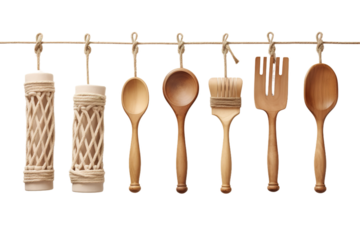 Symphony of Wooden Tools Dancing in the Wind on White or PNG Transparent Background.