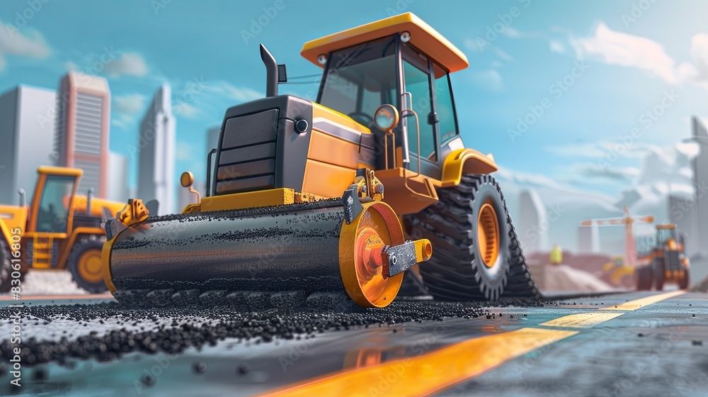 Poster a powerful yellow bulldozer is driving down a road, clearing the way for construction and infrastruc