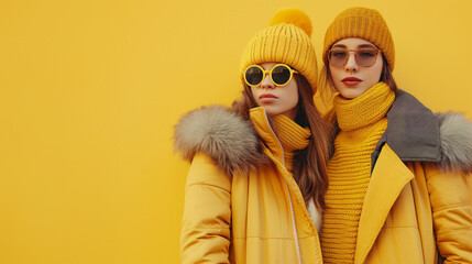 Lively photo of young women in stylish winter wear against a vibrant yellow background, evoking warmth, style, and seasonal cheer  - Powered by Adobe