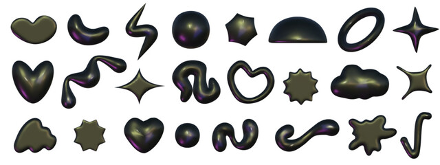 3d abstract y2k shape black set isolated. Metal chrome black playful element star, heart and cloud for design. 3d y2k doodle memphis shape. Vector cartoon illustration
