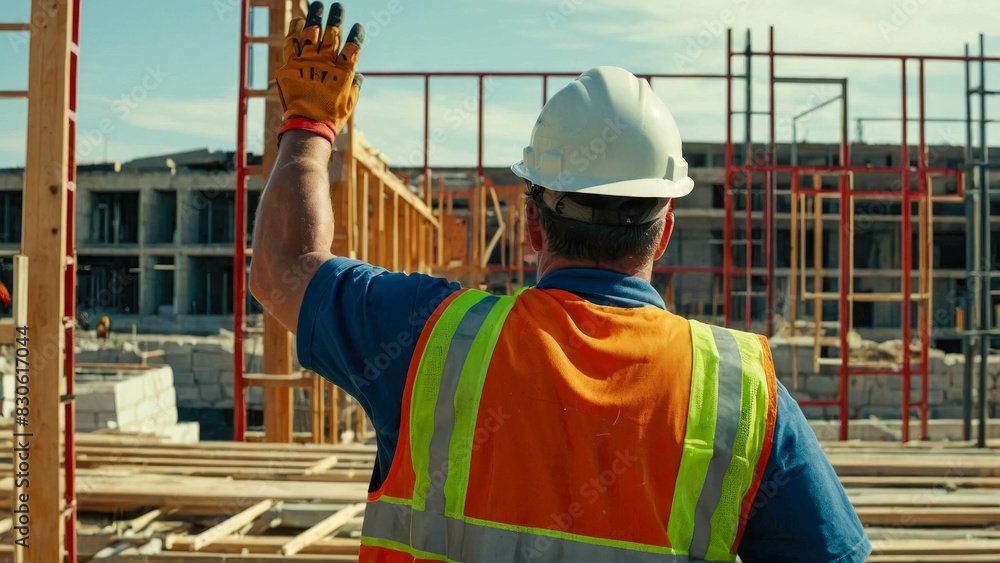 Poster engineer builder with helmet and blueprints at construction site background