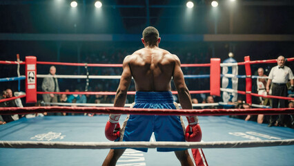 Rear view of african american boxer boxing in ring at night