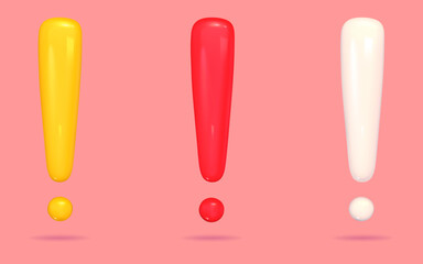 3d white, red, yellow exclamation mark set isolated on color background. Alert or error sign 3d vector render. Exclamation icon mark set