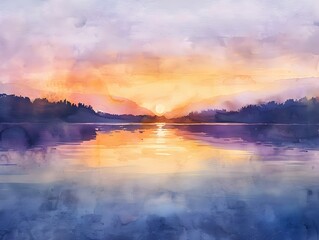 Obraz premium Ethereal Watercolor Landscape of Tranquil Lake Sunrise Reflected in Serene Waters