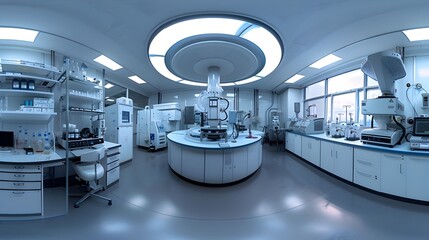 lab panorama equirectangular view of a modern laboratory with various laboratory equipment, white walls and ceiling, round shaped room,