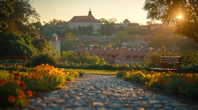 Modern Park with Blurred View of Boyen Fortress in Giżycko Generative AI