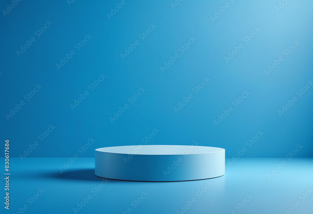 Poster empty pedestal display on blue background with stand for product show or presentation