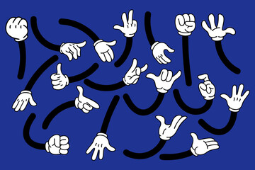 Set of cartoon hands in gloves. Retro style mascot hands. Rubber hose style hands. Vector illustration