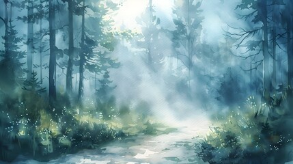 Obraz premium Ethereal Watercolor Forest Path with Misty Beams of Light Streaming Through the Trees