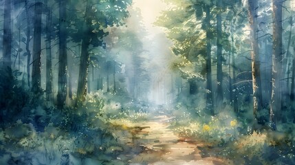 Atmospheric Watercolor of Misty Forest Path with Streaming Sunlight