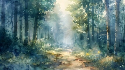 Obraz premium Atmospheric Watercolor of Misty Forest Path with Streaming Sunlight