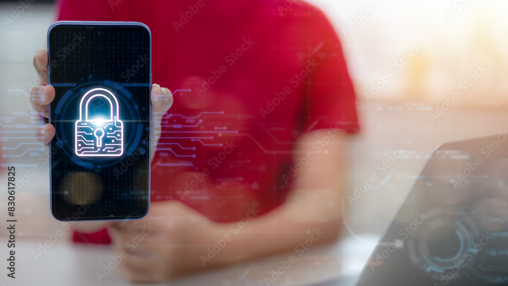 Aufkleber women working on smartphones and show padlock protecting business with a virtual network connection.