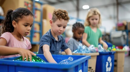 Recycling Workshop for Kids: Capture children participating in a recycling workshop or activity, sorting recyclable materials and learning about the importance of waste reduction and recycling.